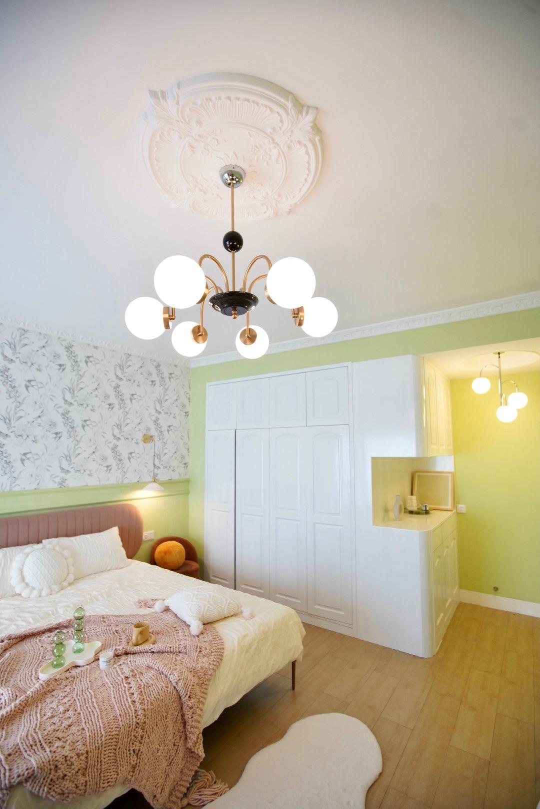 modern-mid-century-glass-globe-chandelier-with-metal-rod-frame-and-white-opal-shades