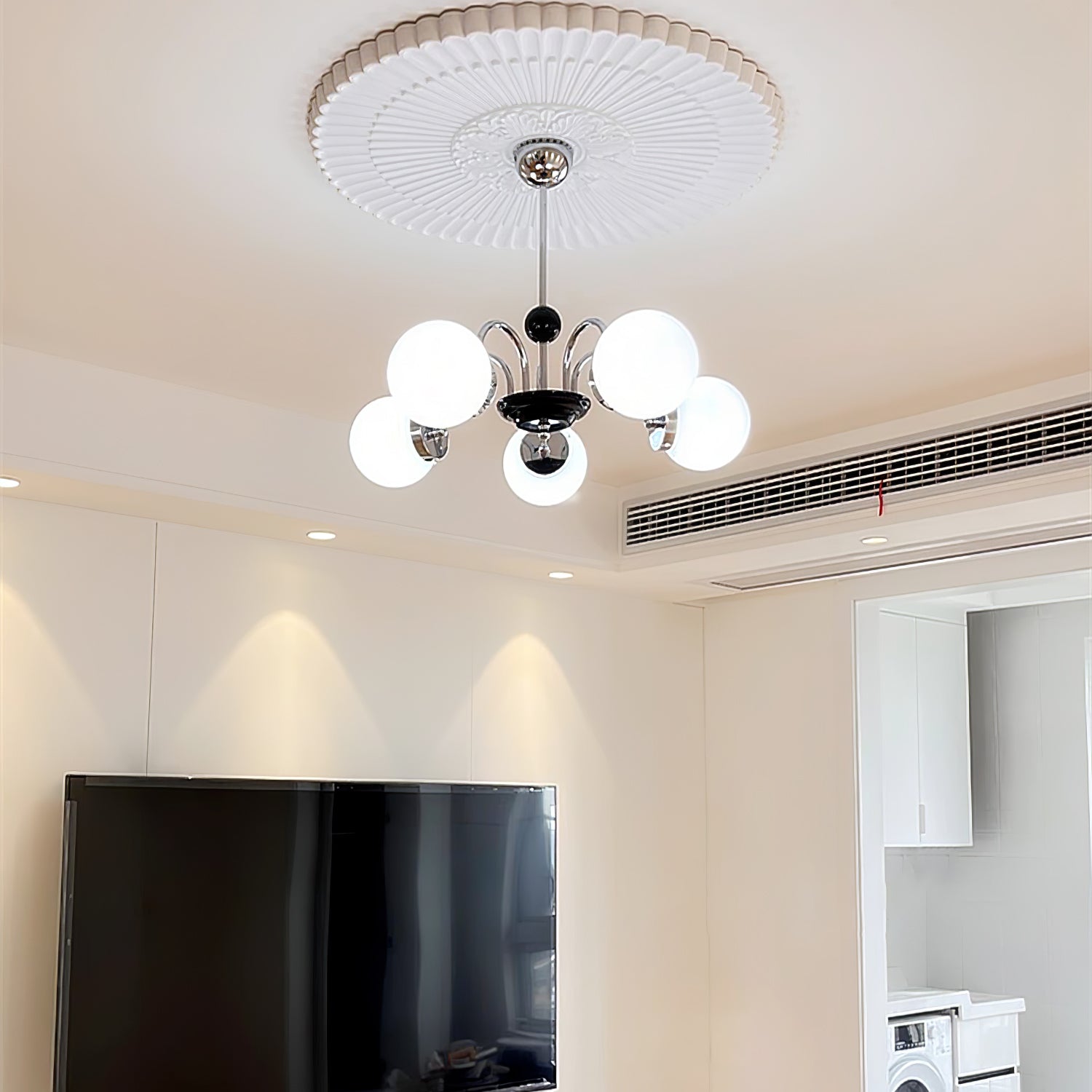 modern-mid-century-glass-globe-chandelier-with-metal-rod-frame-and-white-opal-shades