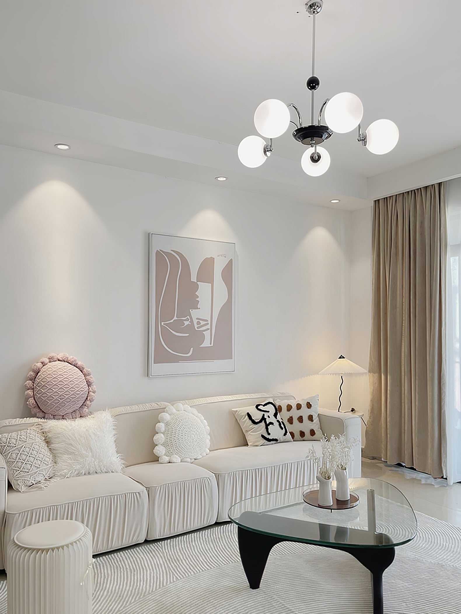 modern-mid-century-glass-globe-chandelier-with-metal-rod-frame-and-white-opal-shades