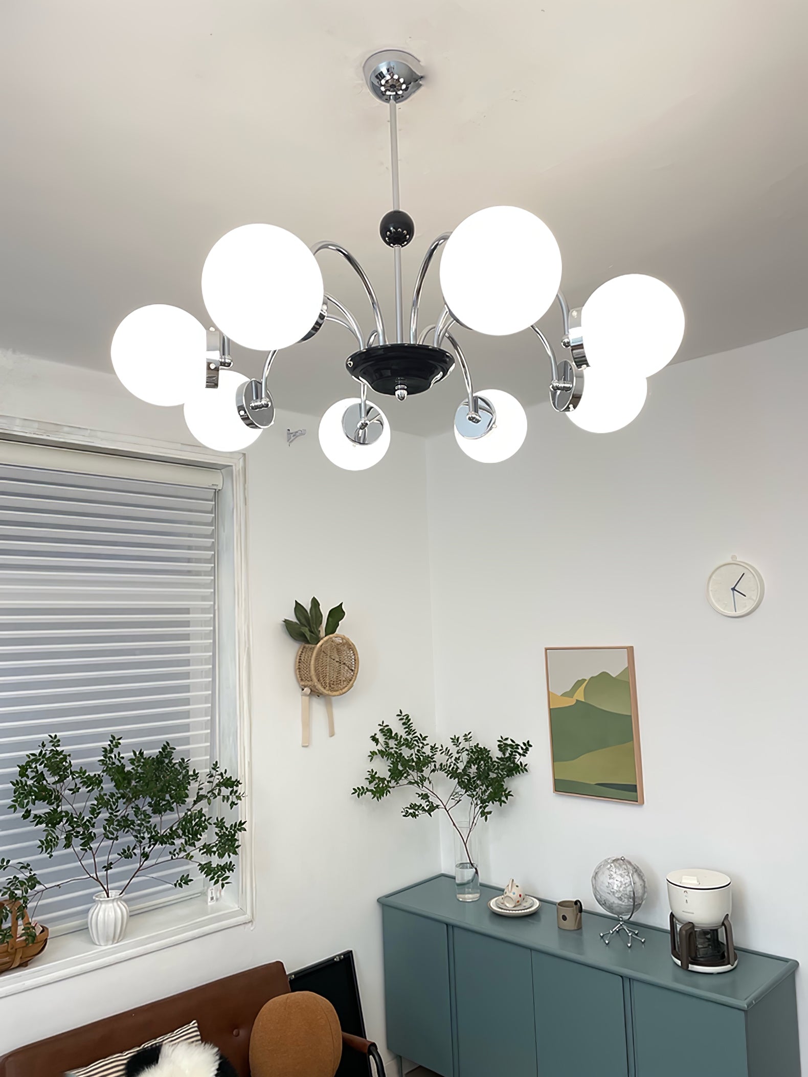 modern-mid-century-glass-globe-chandelier-with-metal-rod-frame-and-white-opal-shades