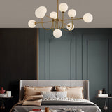 Modern Mid Century Sputnik Chandelier with Amber Glass Globes and Vintage Brass Finish