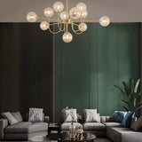 Modern Mid Century Sputnik Chandelier with Amber Glass Globes and Vintage Brass Finish