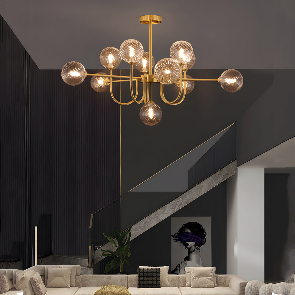 Modern Mid Century Sputnik Chandelier with Amber Glass Globes and Vintage Brass Finish