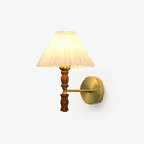 Modern Mid Century Walnut Wood Wall Sconce with Pleated White Linen Shade