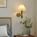 Modern Mid Century Walnut Wood Wall Sconce with Pleated White Linen Shade