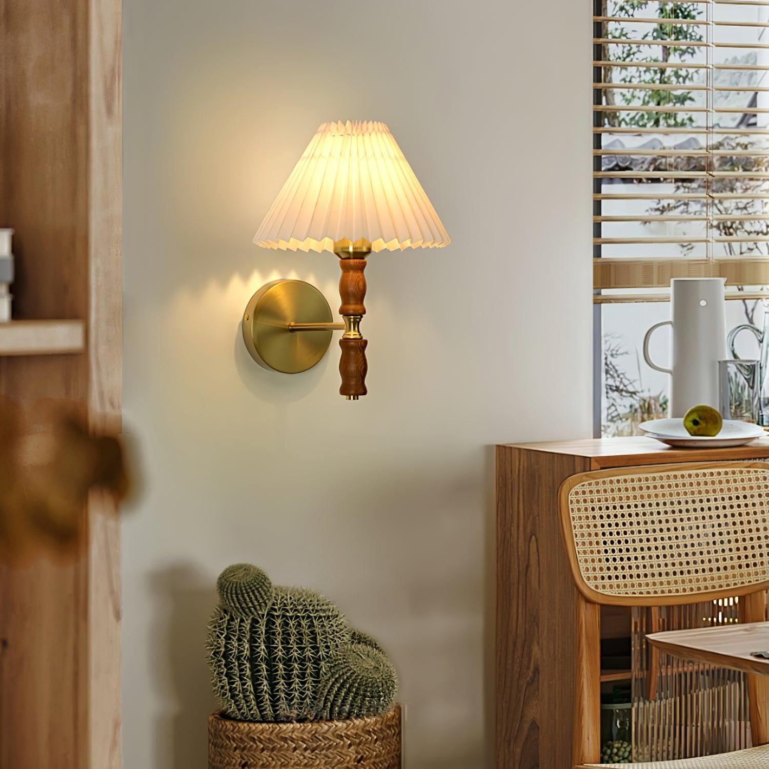 Modern Mid Century Walnut Wood Wall Sconce with Pleated White Linen Shade