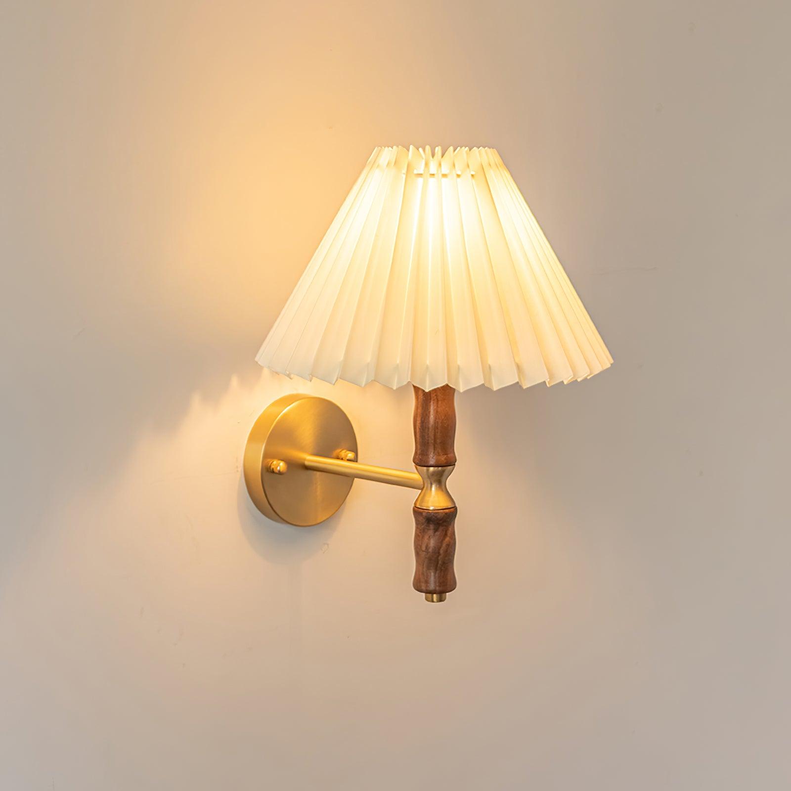 Modern Mid Century Walnut Wood Wall Sconce with Pleated White Linen Shade
