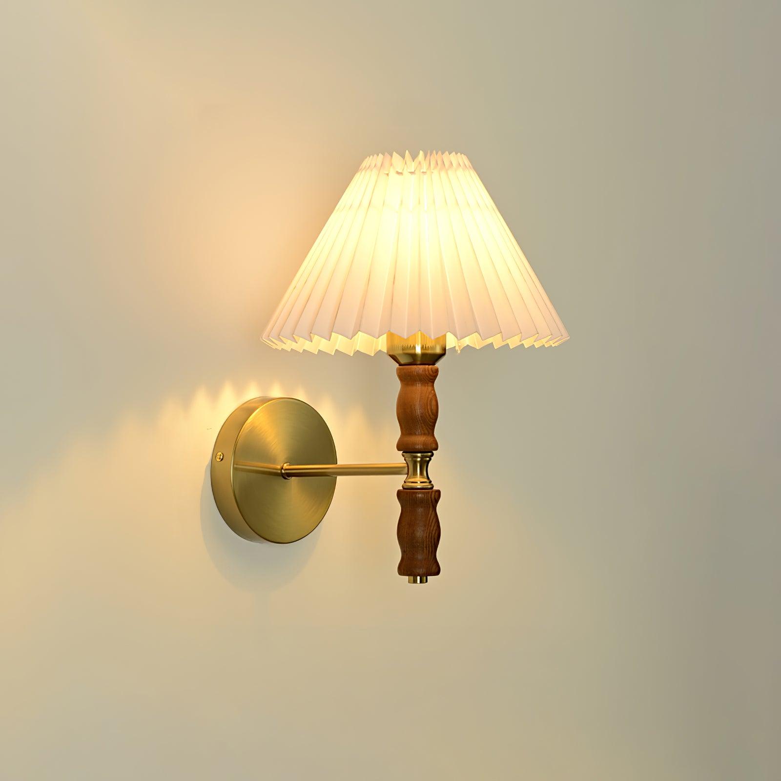 Modern Mid Century Walnut Wood Wall Sconce with Pleated White Linen Shade