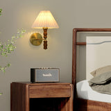 Modern Mid Century Walnut Wood Wall Sconce with Pleated White Linen Shade