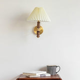 Modern Mid Century Walnut Wood Wall Sconce with Pleated White Linen Shade