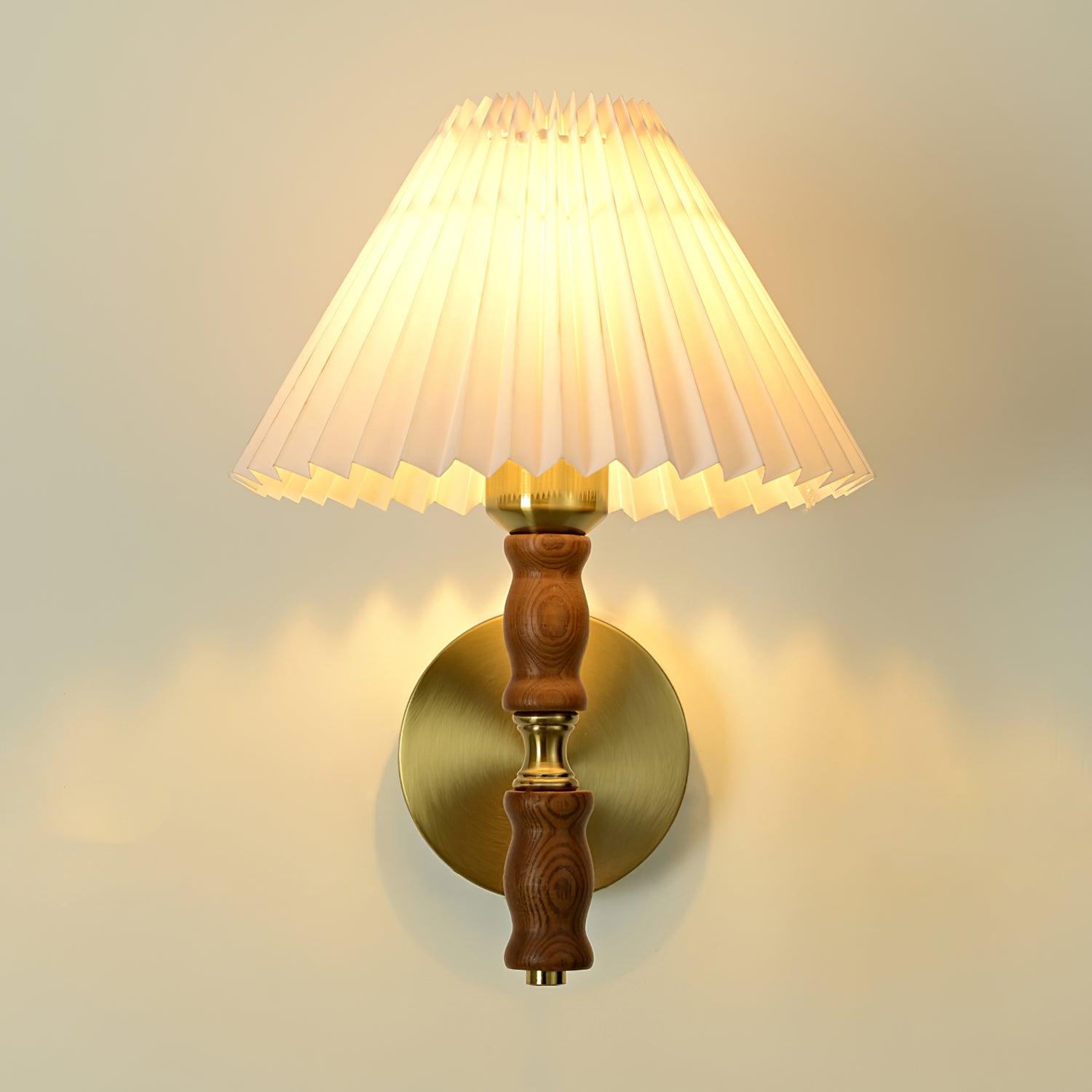 Modern Mid Century Walnut Wood Wall Sconce with Pleated White Linen Shade