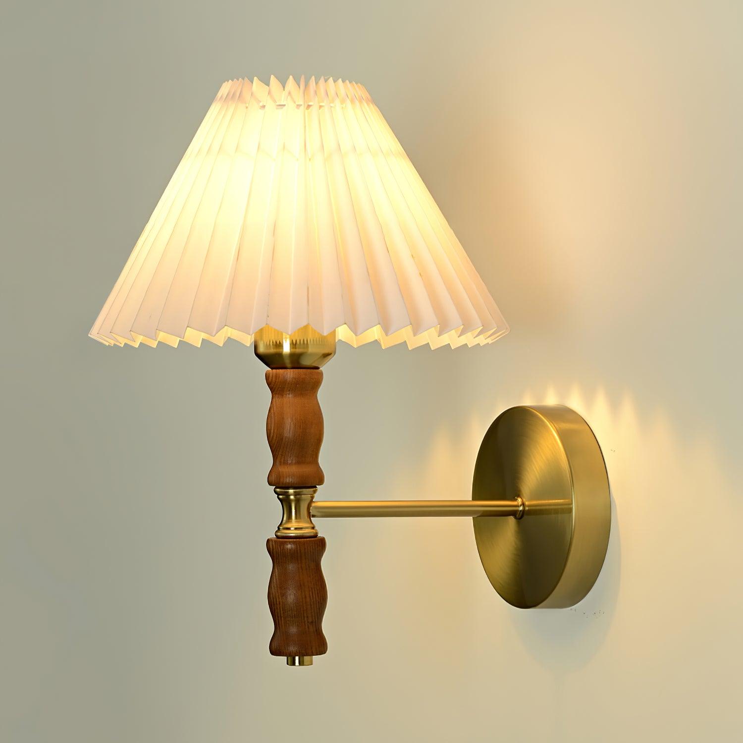 Modern Mid Century Walnut Wood Wall Sconce with Pleated White Linen Shade