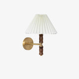 Modern Mid Century Walnut Wood Wall Sconce with Pleated White Linen Shade