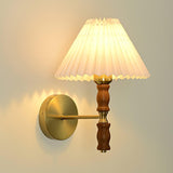 Modern Mid Century Walnut Wood Wall Sconce with Pleated White Linen Shade