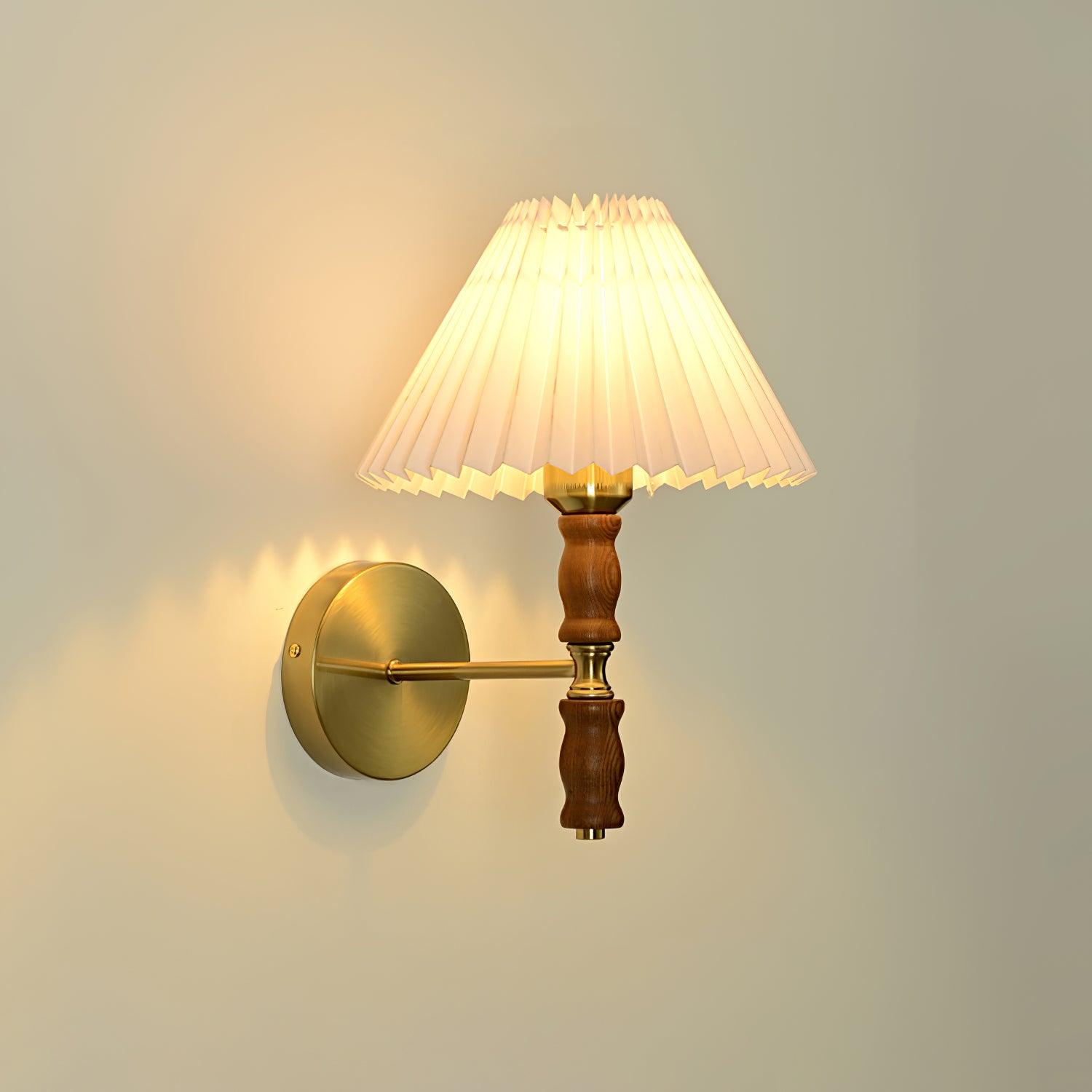 Modern Mid Century Walnut Wood Wall Sconce with Pleated White Linen Shade