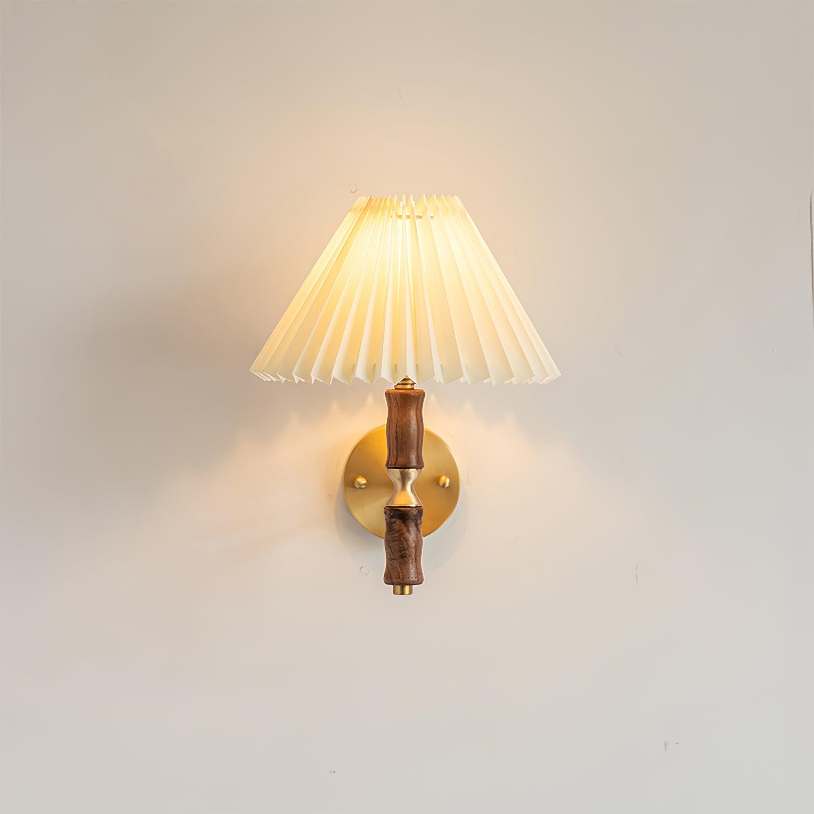 Modern Mid Century Walnut Wood Wall Sconce with Pleated White Linen Shade