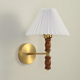 Modern Mid Century Walnut Wood Wall Sconce with Pleated White Linen Shade