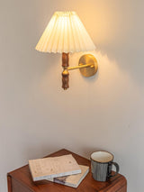 Modern Mid Century Walnut Wood Wall Sconce with Pleated White Linen Shade