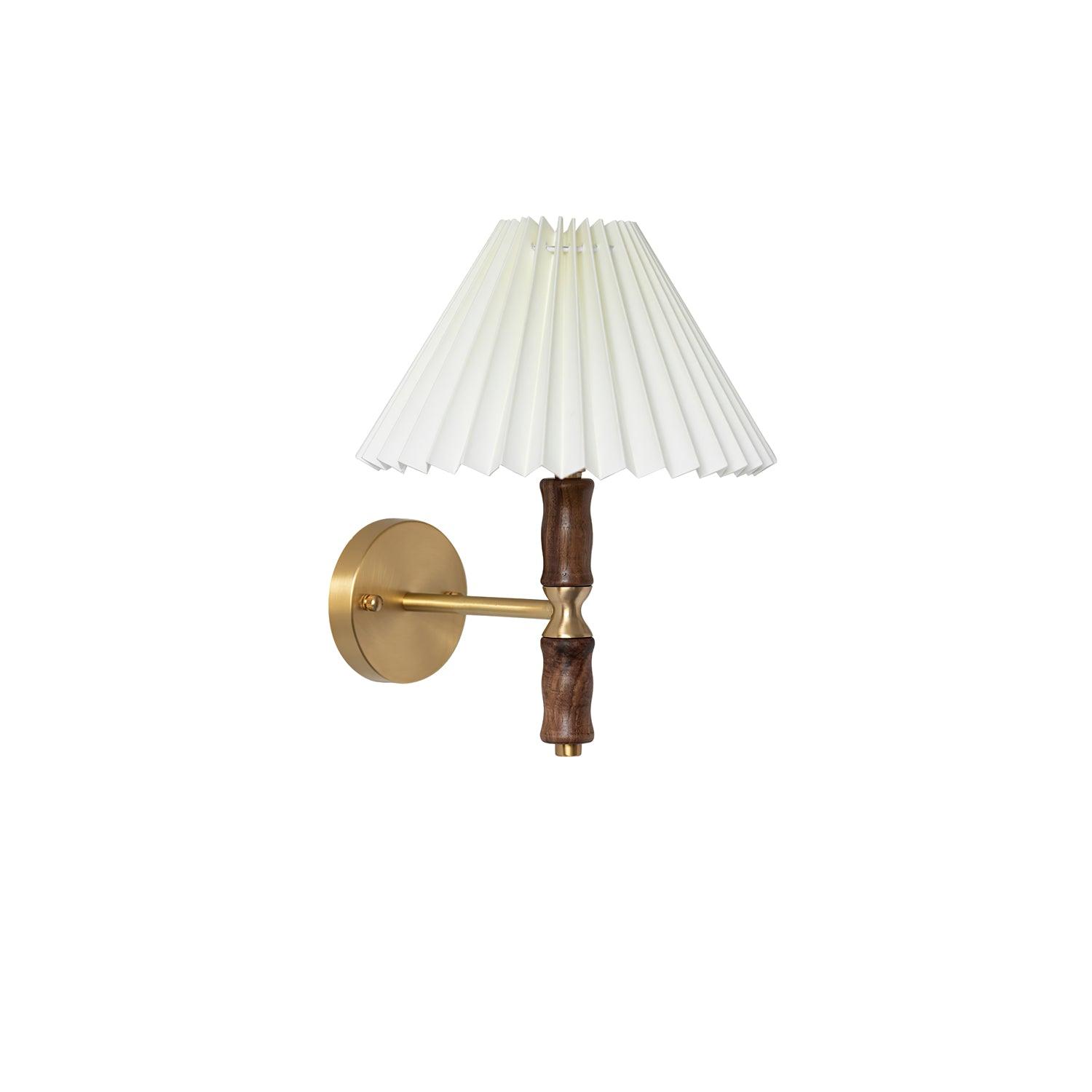 Modern Mid Century Walnut Wood Wall Sconce with Pleated White Linen Shade