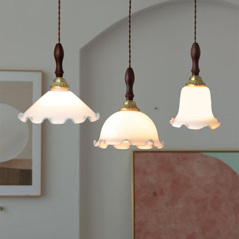 Modern Milky Flower Glass Pendant Light with Brass and Ash Wood Accents
