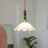 Modern Milky Flower Glass Pendant Light with Brass and Ash Wood Accents