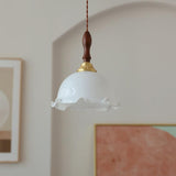 Modern Milky Flower Glass Pendant Light with Brass and Ash Wood Accents