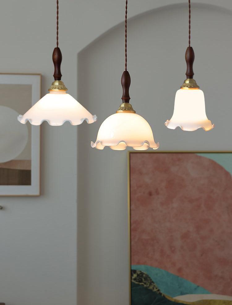Modern Milky Flower Glass Pendant Light with Brass and Ash Wood Accents