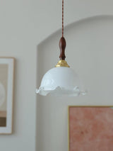 Modern Milky Flower Glass Pendant Light with Brass and Ash Wood Accents