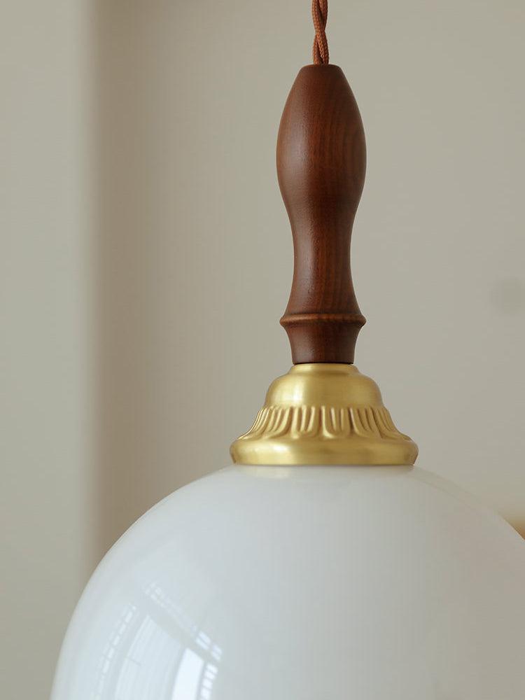 Modern Milky Flower Glass Pendant Light with Brass and Ash Wood Accents