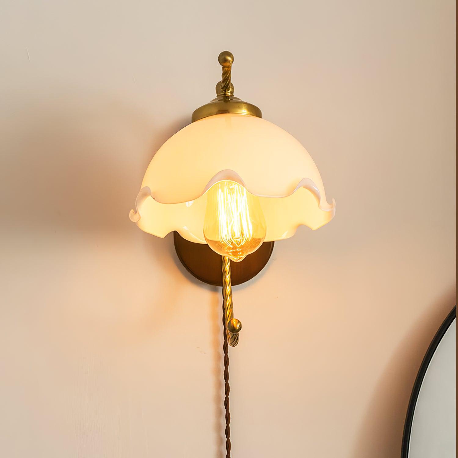 Modern Milky Flower Wall Sconce with Glass Shade and Wood Base Indoor Wall Lamp Set of Two