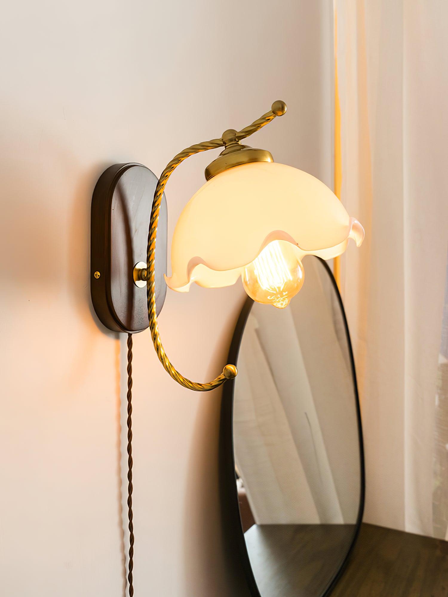 Modern Milky Flower Wall Sconce with Glass Shade and Wood Base Indoor Wall Lamp Set of Two