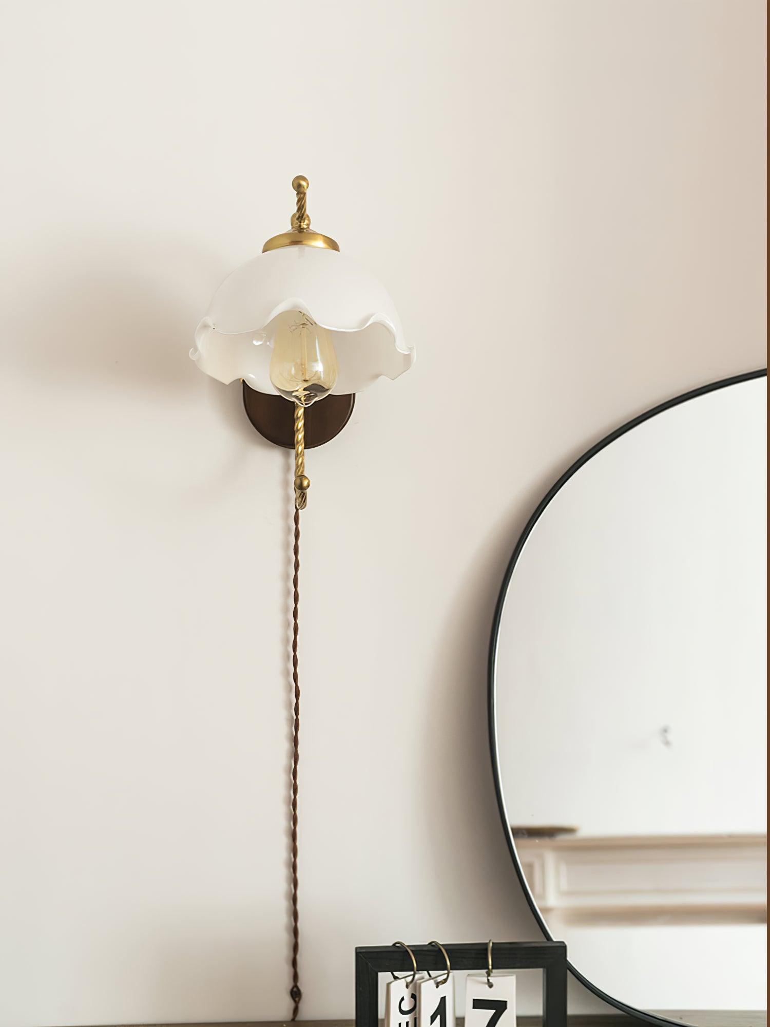 Modern Milky Flower Wall Sconce with Glass Shade and Wood Base Indoor Wall Lamp Set of Two
