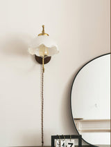 Modern Milky Flower Wall Sconce with Glass Shade and Wood Base Indoor Wall Lamp Set of Two