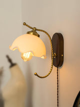 Modern Milky Flower Wall Sconce with Glass Shade and Wood Base Indoor Wall Lamp Set of Two