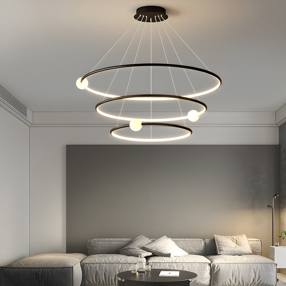 Modern Minimalist 3 Ring LED Pendant Lamp Dimmable Circular Chandelier in White or Black
