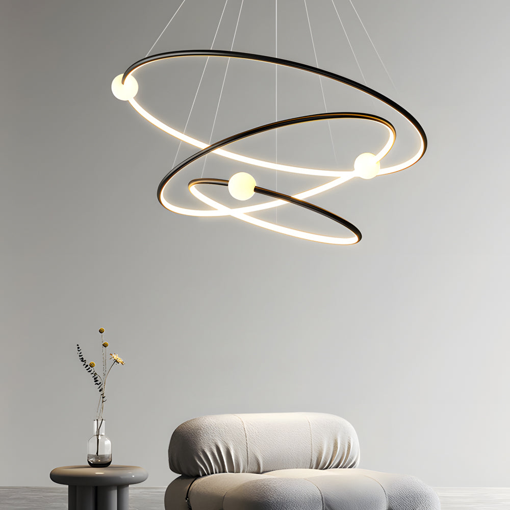Modern Minimalist 3 Ring LED Pendant Lamp Dimmable Circular Chandelier in White or Black