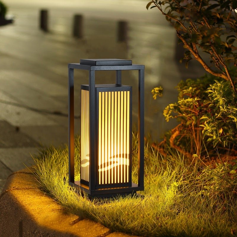 Modern Minimalist Black Solar LED Landscape Lantern with Striped Design Outdoor Path Light