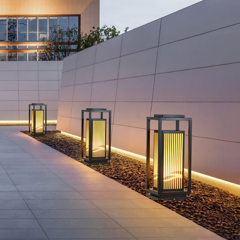 Modern Minimalist Black Solar LED Landscape Lantern with Striped Design Outdoor Path Light