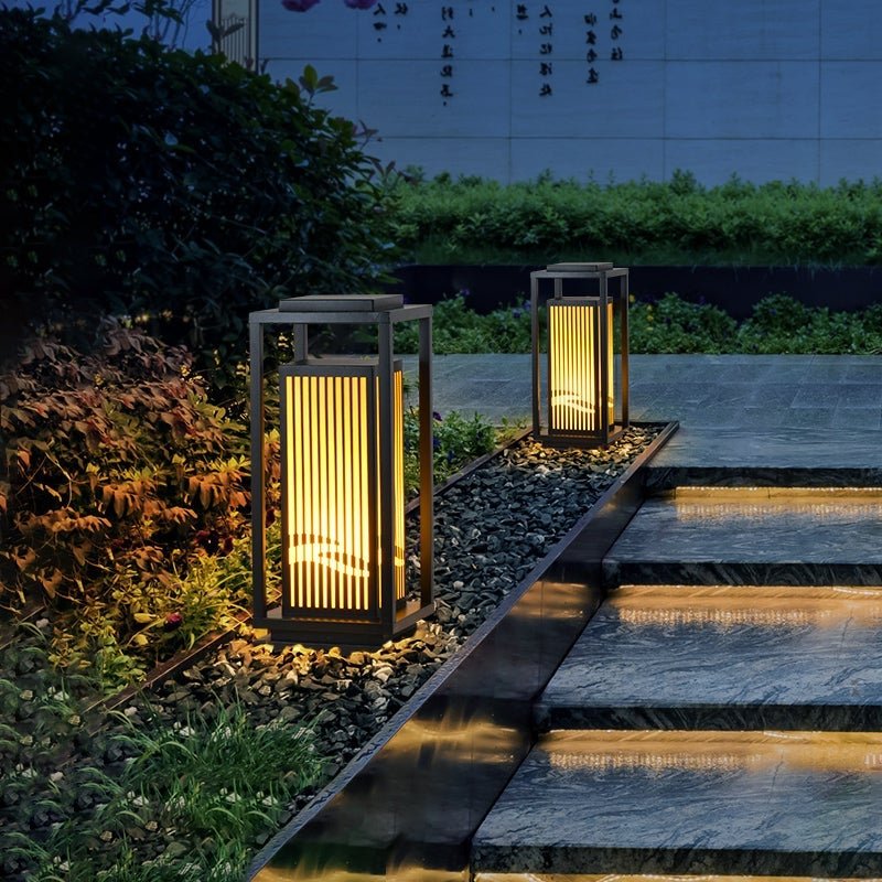 Modern Minimalist Black Solar LED Landscape Lantern with Striped Design Outdoor Path Light