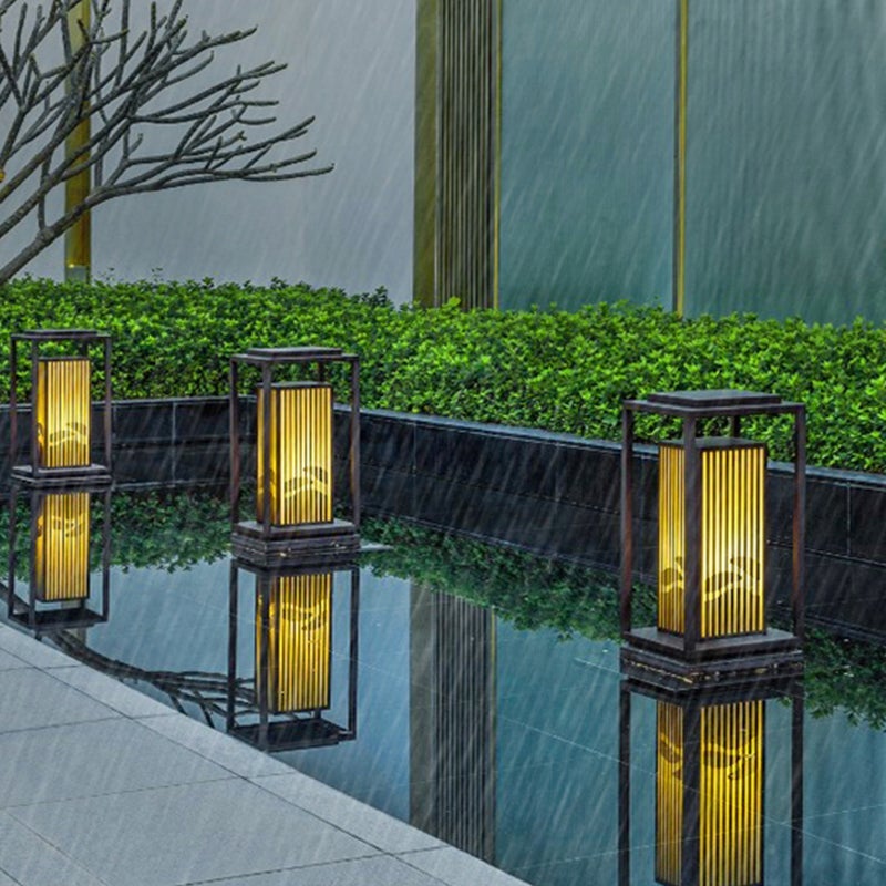 Modern Minimalist Black Solar LED Landscape Lantern with Striped Design Outdoor Path Light