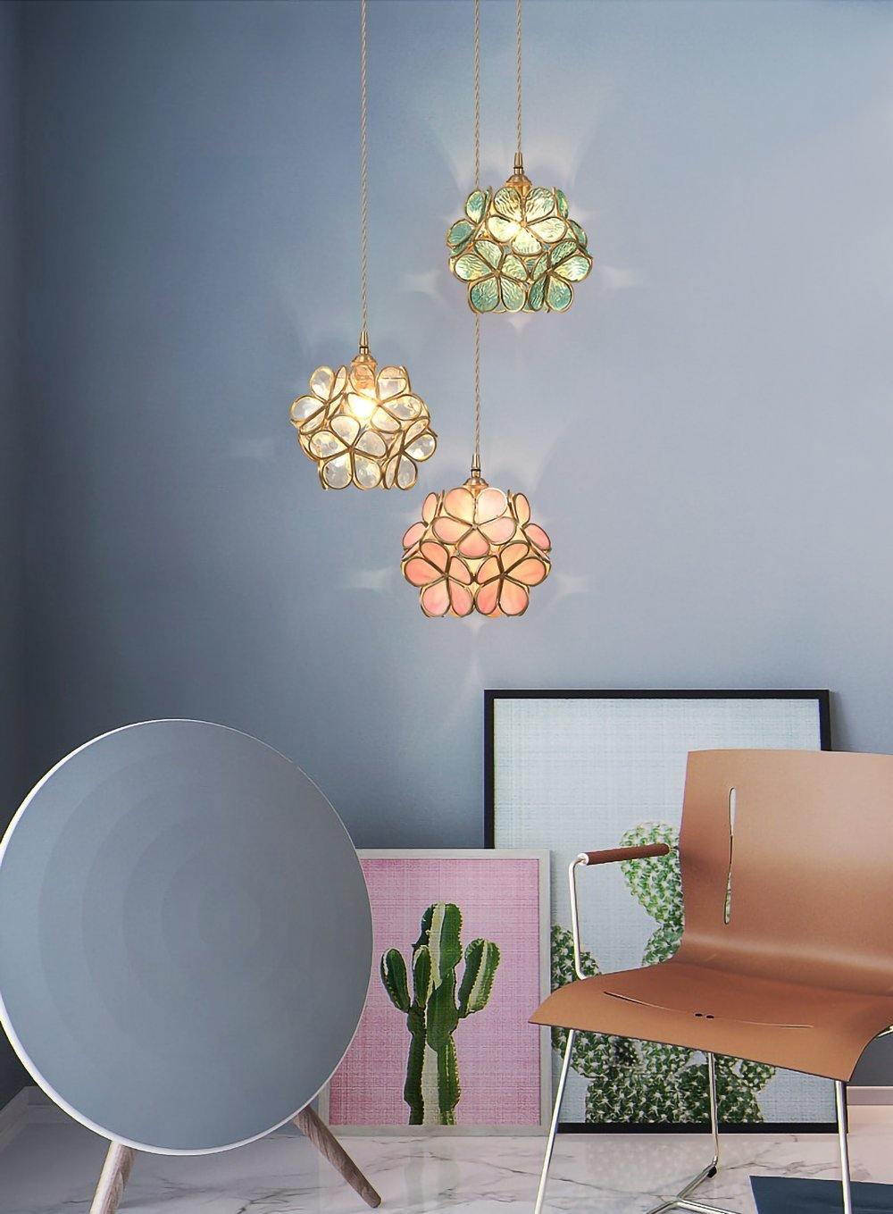 Modern Minimalist Glass Petal Pendant Lamp Brass Hanging Fixture for Kitchen Island
