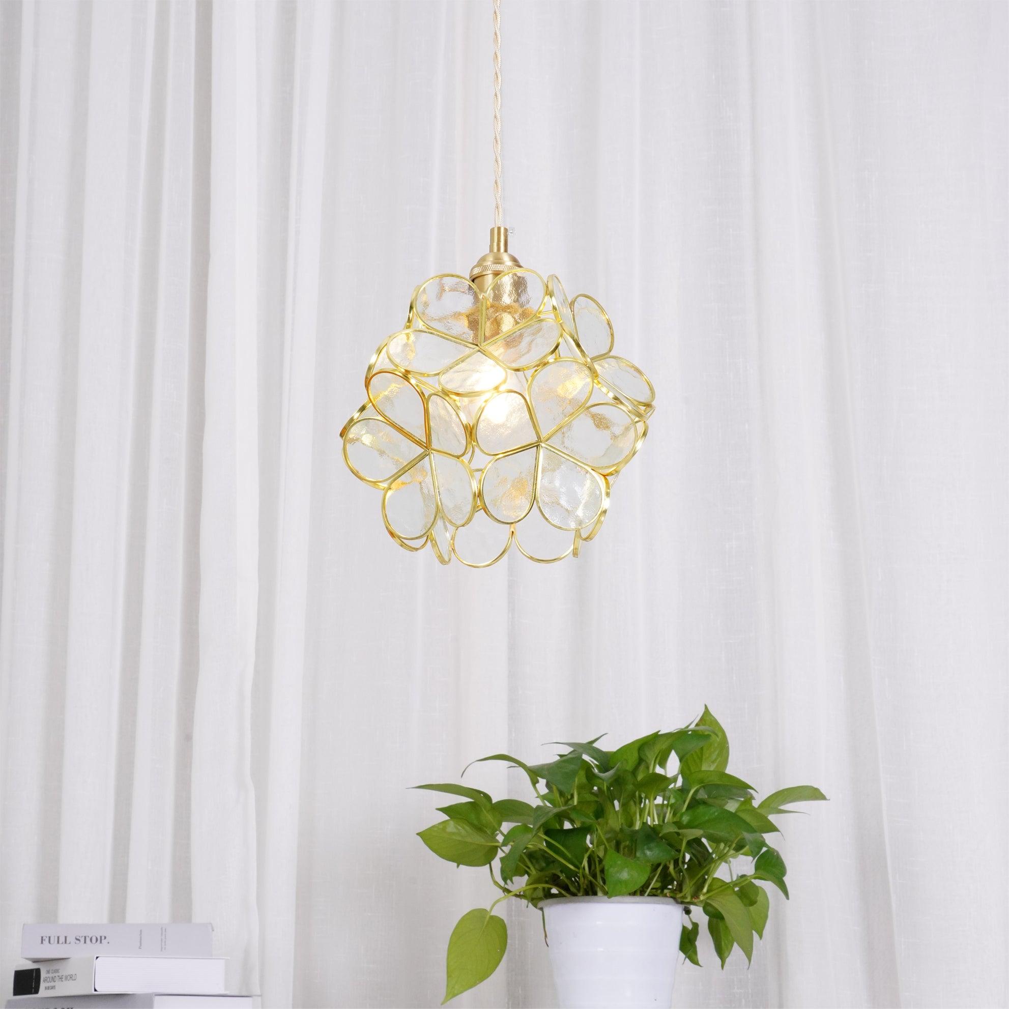 Modern Minimalist Glass Petal Pendant Lamp Brass Hanging Fixture for Kitchen Island