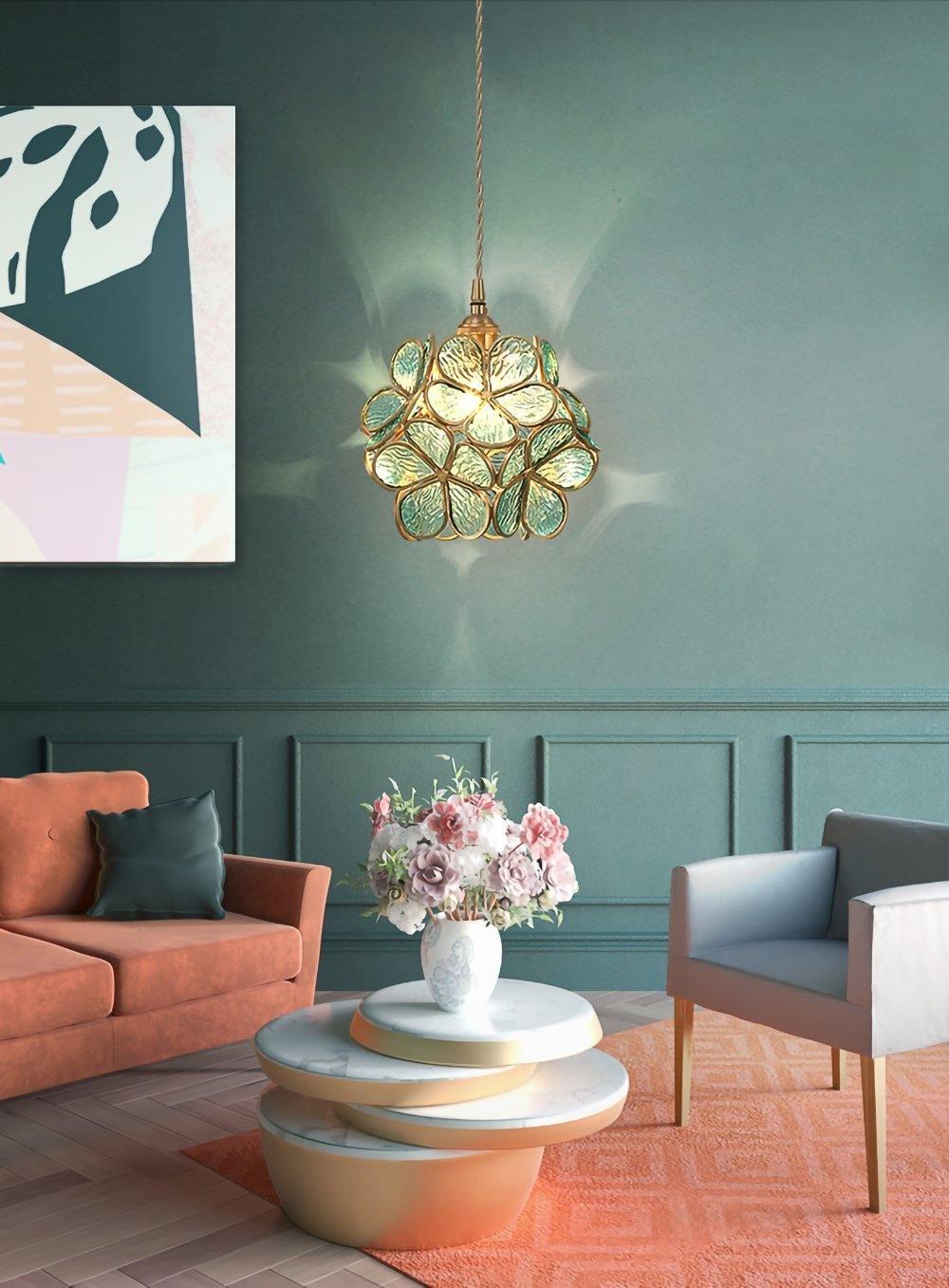Modern Minimalist Glass Petal Pendant Lamp Brass Hanging Fixture for Kitchen Island