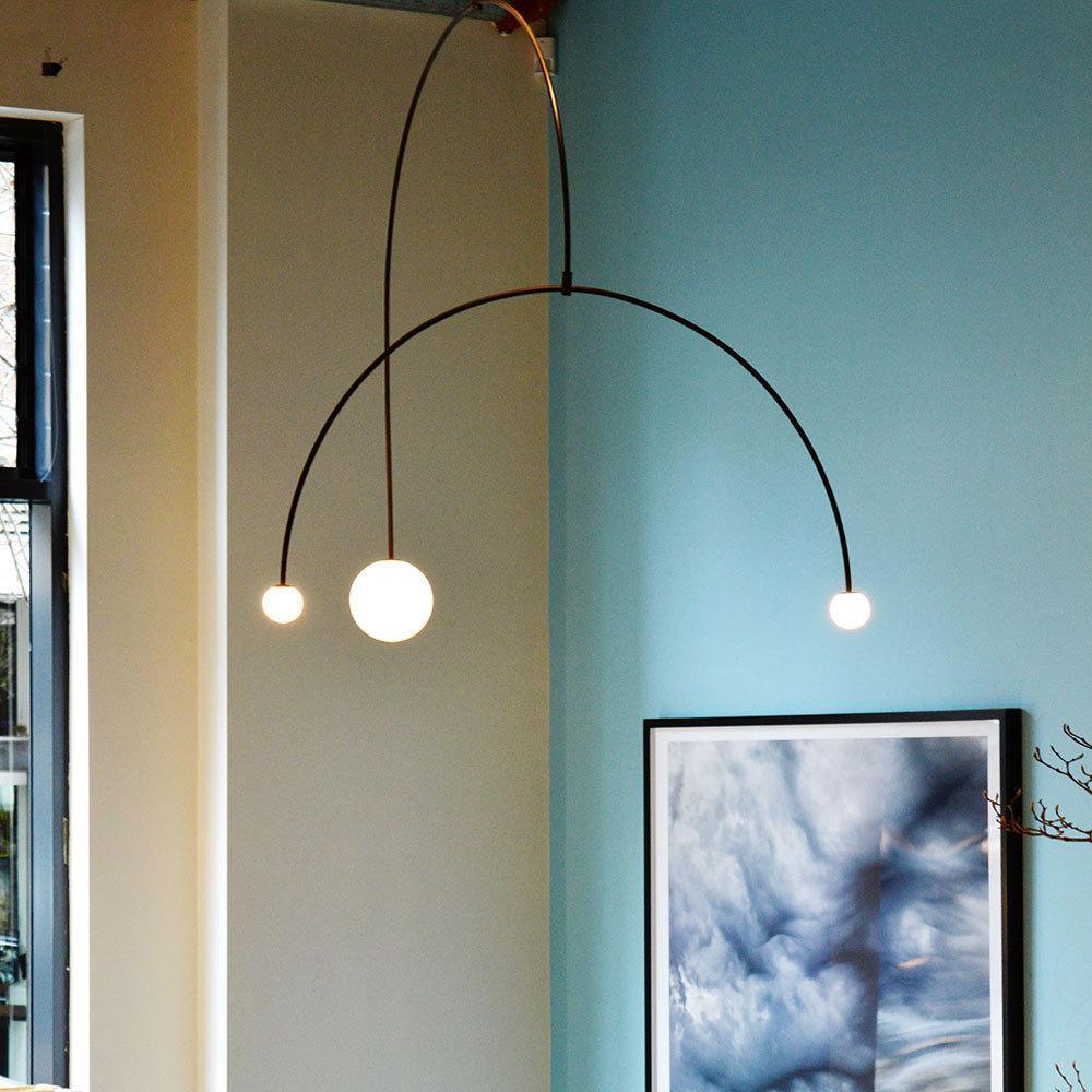 Modern Minimalist Linear Mobile Chandelier with Opal Glass Globes and Black Finish