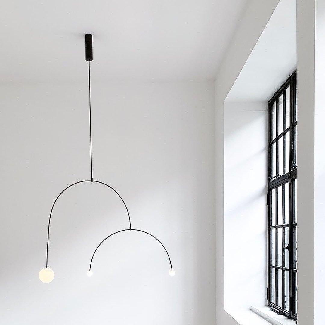 Modern Minimalist Linear Mobile Chandelier with Opal Glass Globes and Black Finish