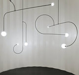 Modern Minimalist Linear Mobile Chandelier with Opal Glass Globes and Black Finish