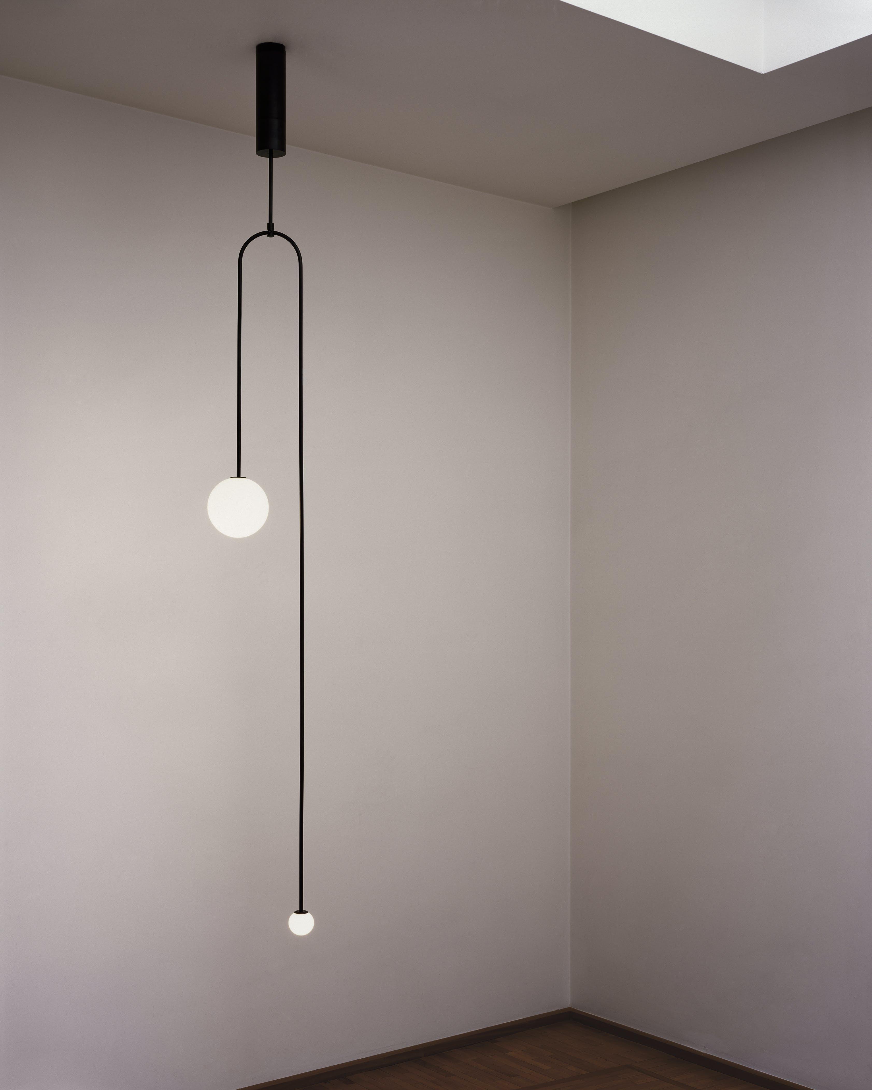 Modern Minimalist Linear Mobile Chandelier with Opal Glass Globes and Black Finish