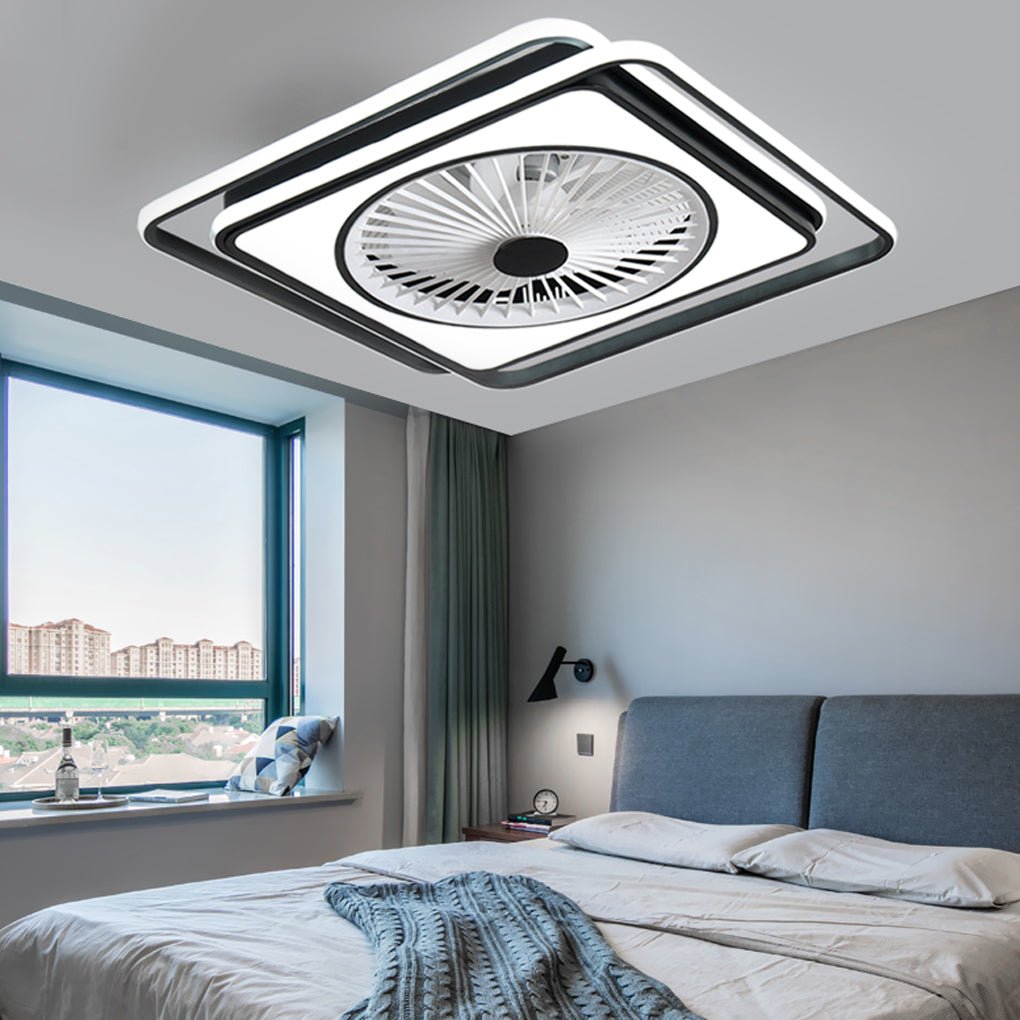 Modern Flush Mount Bladeless Ceiling Fan with Dimmable LED Light for Bedroom and Living Room