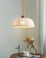 Modern Minimalist Walnut Wood and White Fabric Pendant Light for Dining and Living Areas