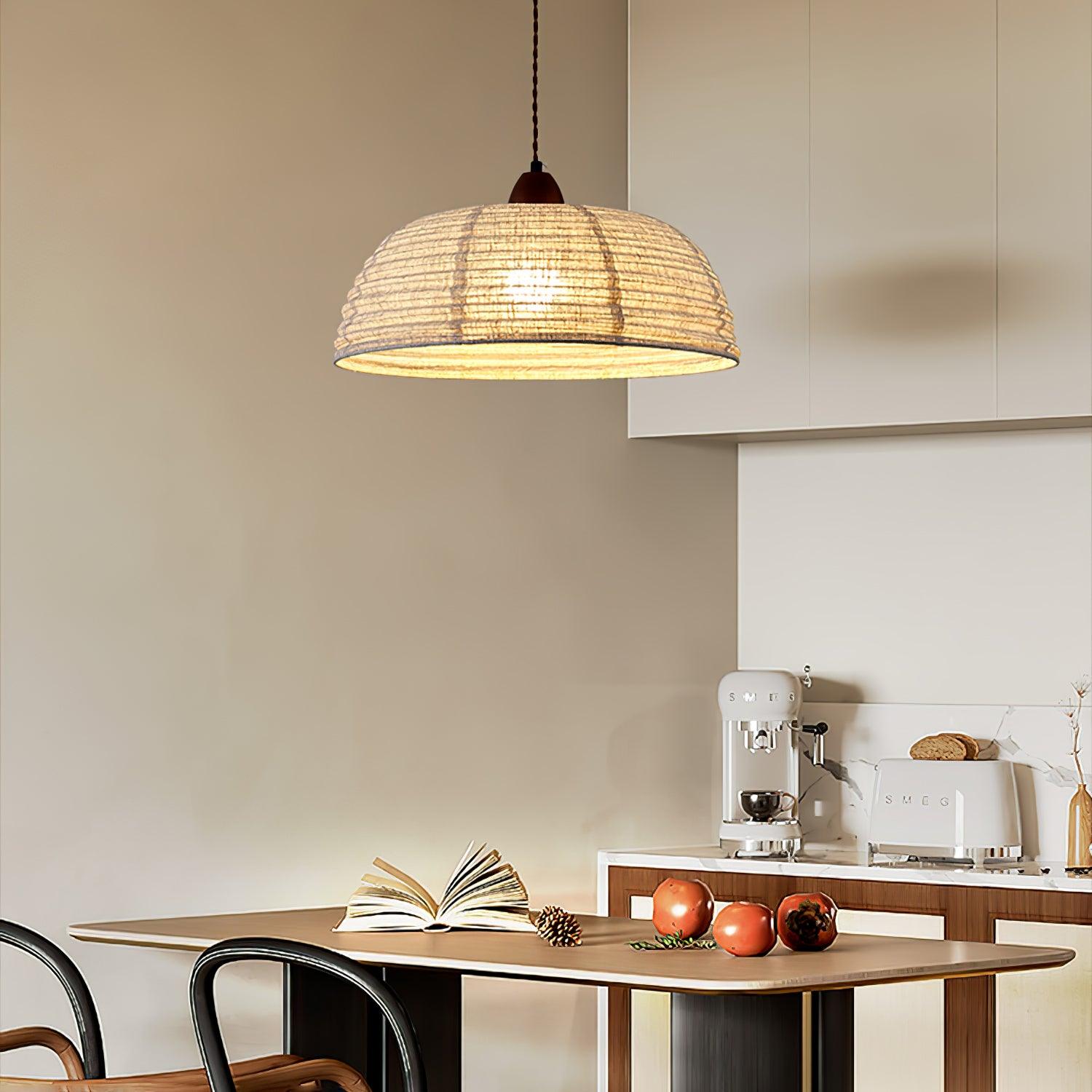 Modern Minimalist Walnut Wood and White Fabric Pendant Light for Dining and Living Areas